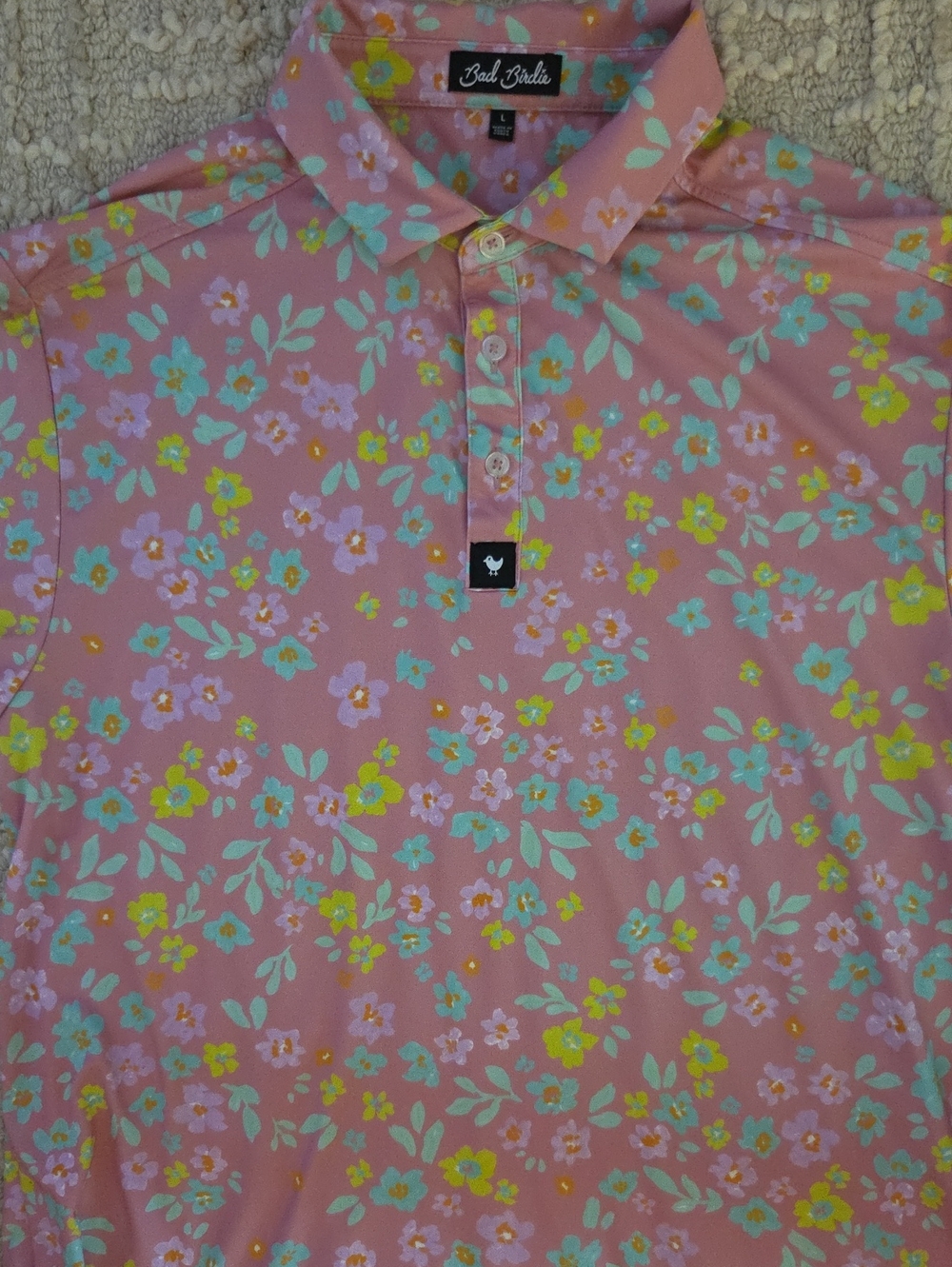 Bad Birdie Men's Flora Fiesta Performance Golf Polo - Pink Floral Size L